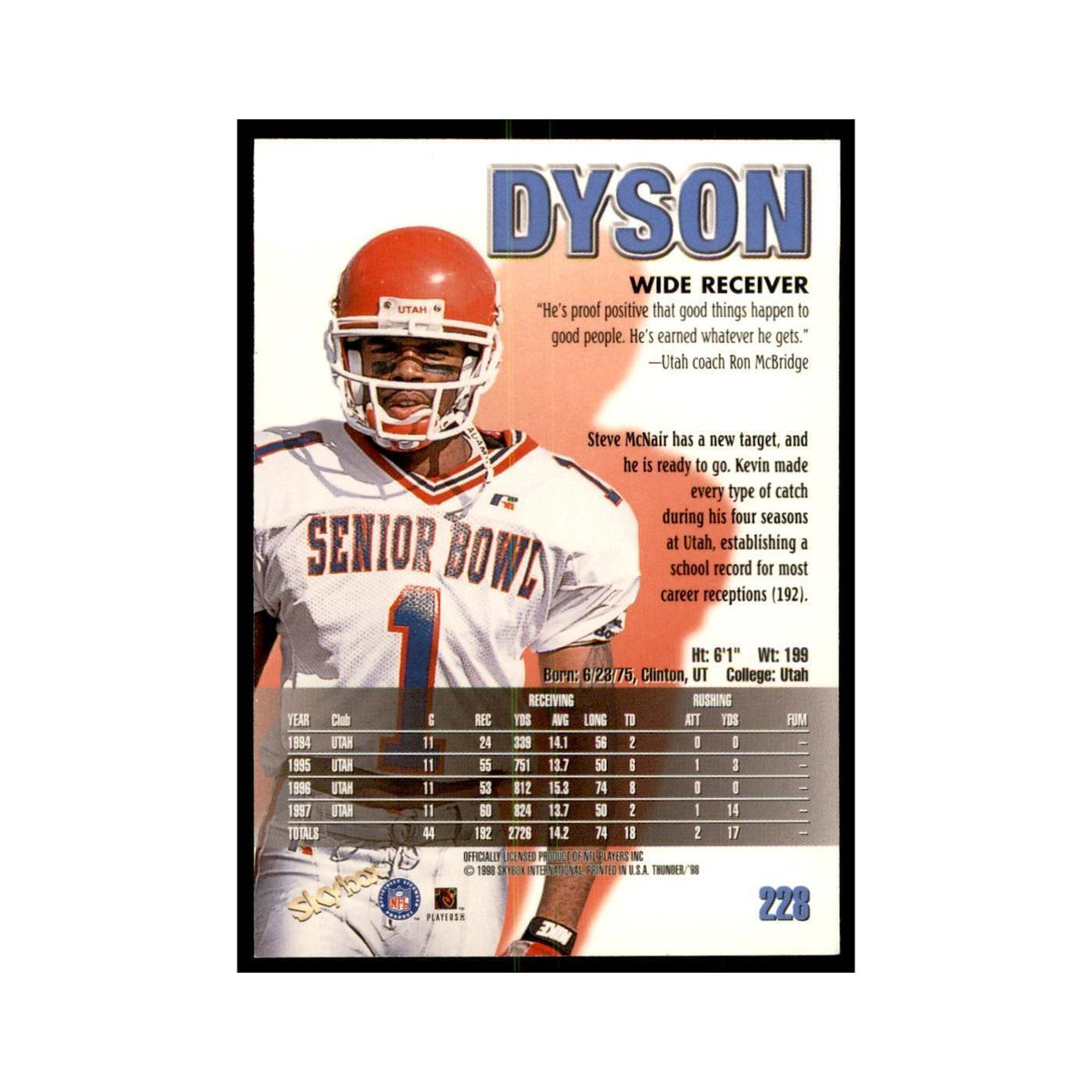 Kevin Dyson Rookie 1998 SkyBox Thunder #228 Football Cards Football Card NM