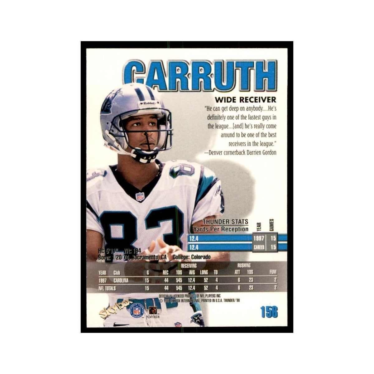 Rae Carruth 1998 SkyBox Thunder #156 Football Cards Football Card NM