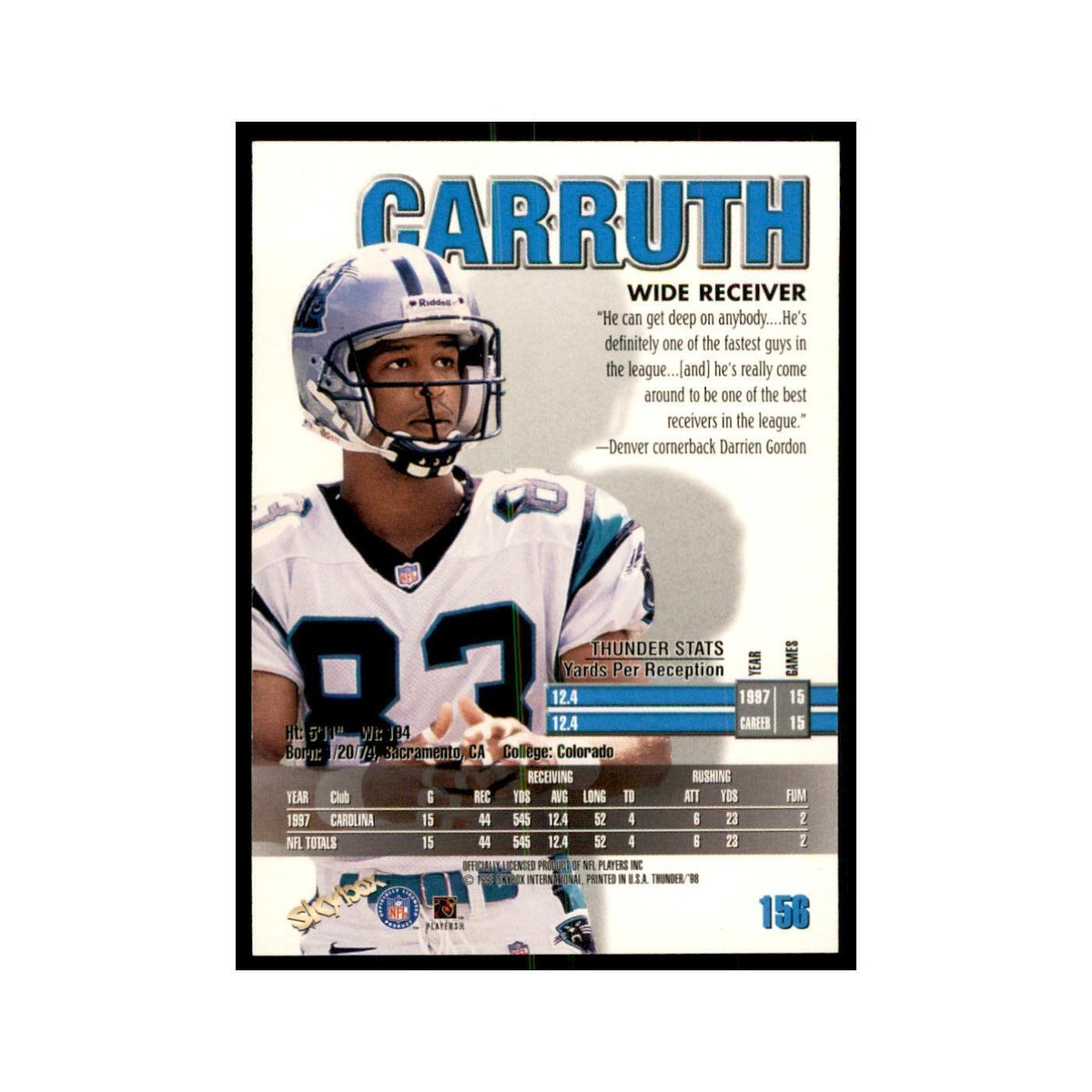 Rae Carruth 1998 SkyBox Thunder #156 Football Cards Football Card NM