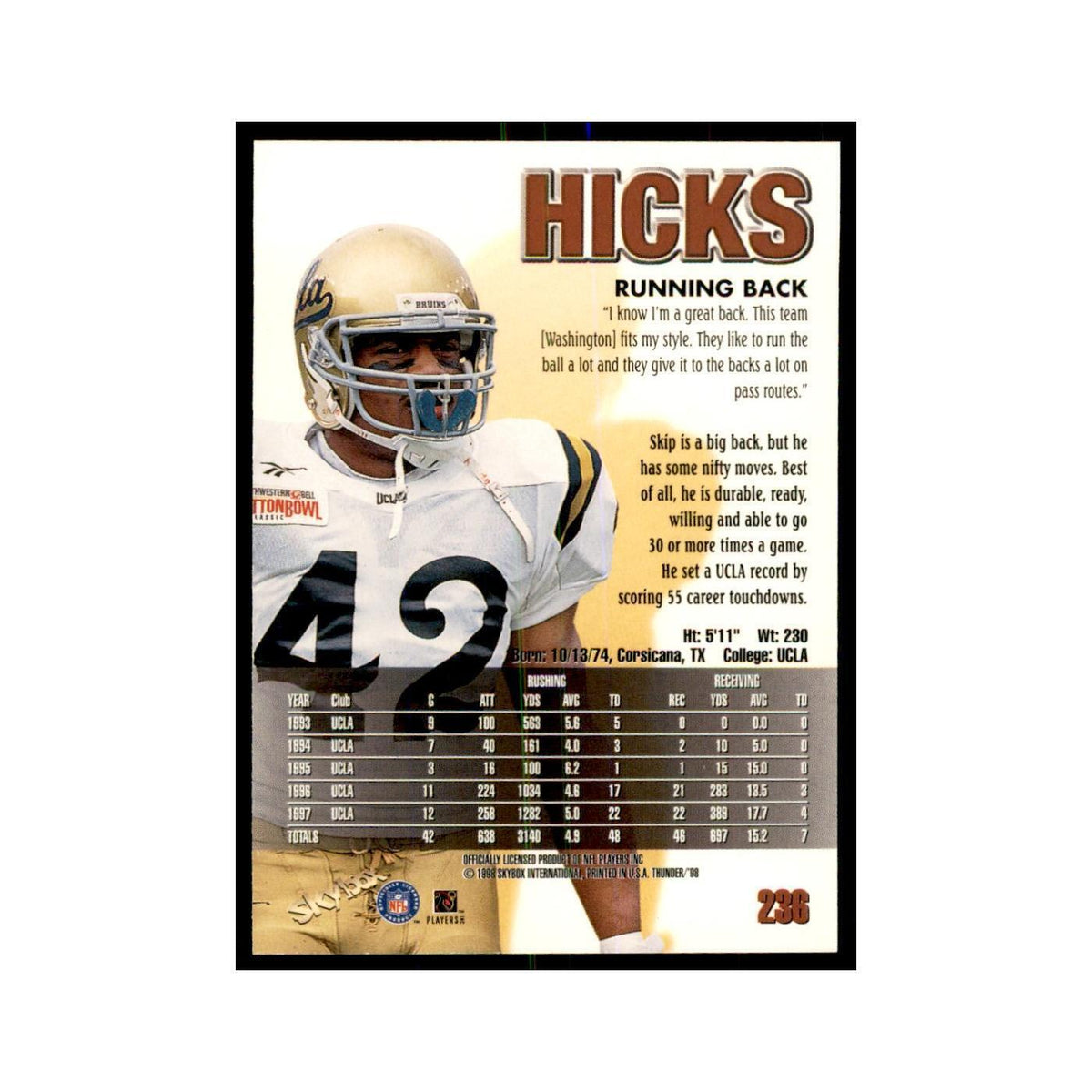 Skip Hicks Rookie 1998 SkyBox Thunder #236 Football Cards Football Card NM