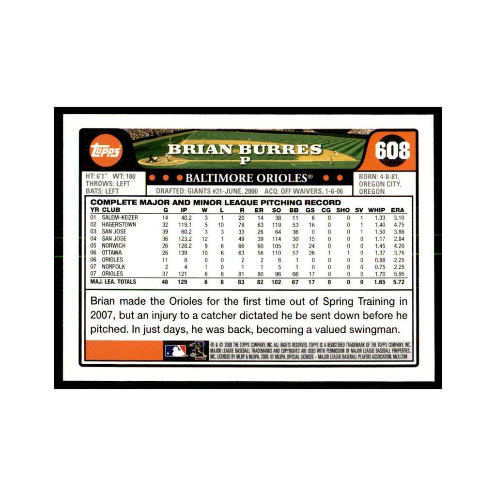 Brian Burres 2008 Topps #608 Baseball Cards Baseball Card NM