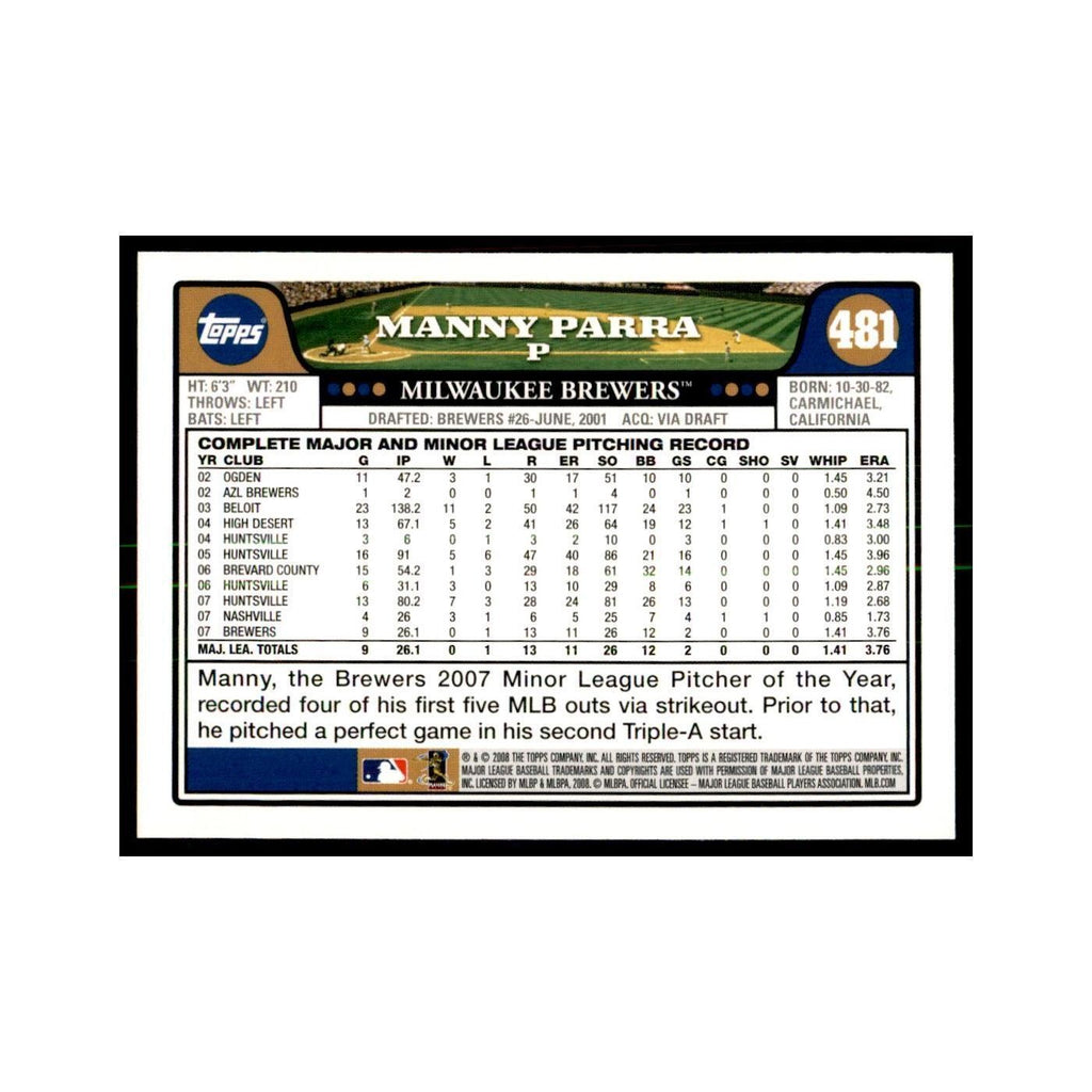 Manny Parra 2008 Topps #481 Baseball Cards Baseball Card NM