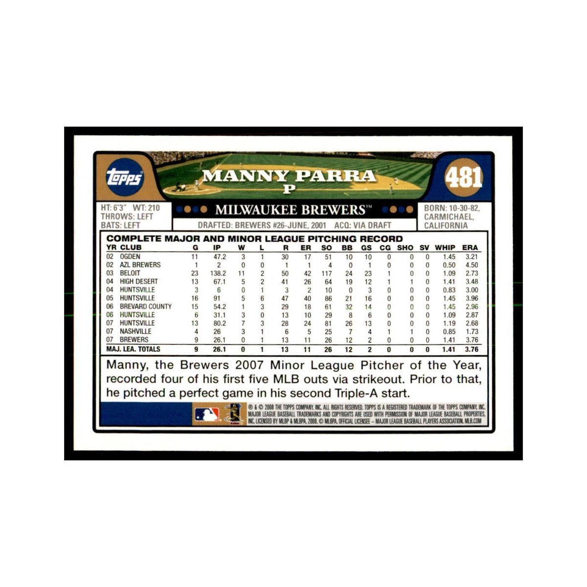Manny Parra 2008 Topps #481 Baseball Cards Baseball Card NM