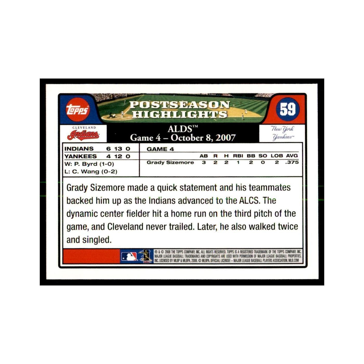 Grady Sizemore 2008 Topps #59 Baseball Cards Baseball Card NM