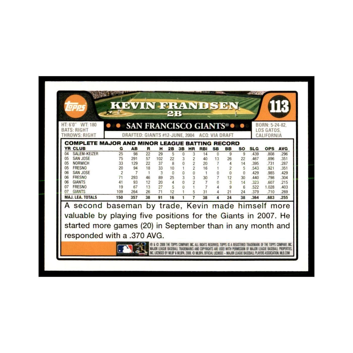 Kevin Frandsen 2008 Topps #113 Baseball Cards Baseball Card NM