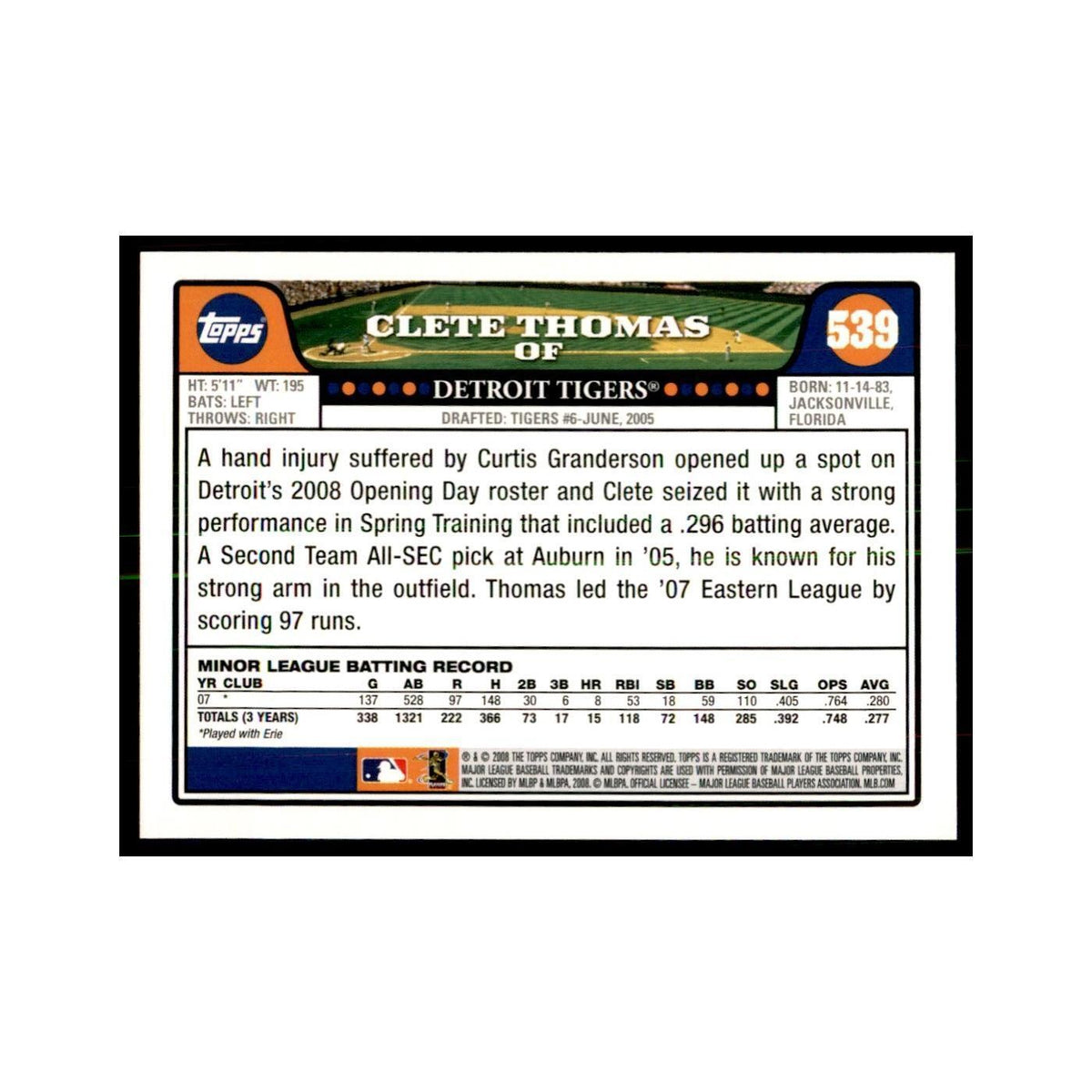 Clete Thomas Rookie 2008 Topps #539 Baseball Cards Baseball Card NM