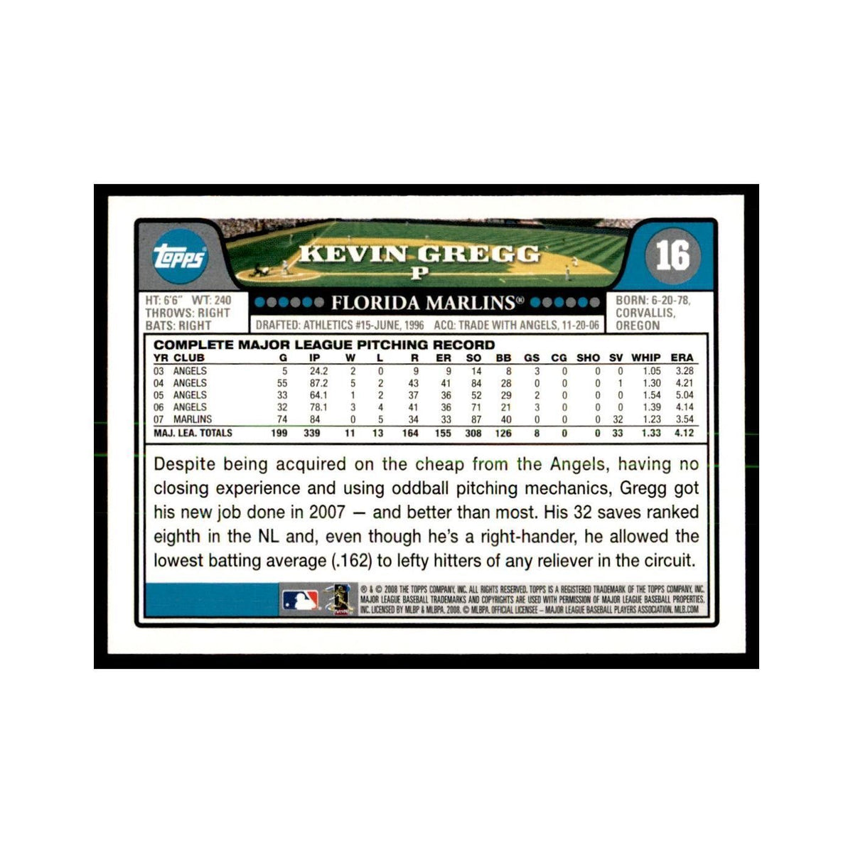 Kevin Gregg 2008 Topps #16 Baseball Cards Baseball Card NM