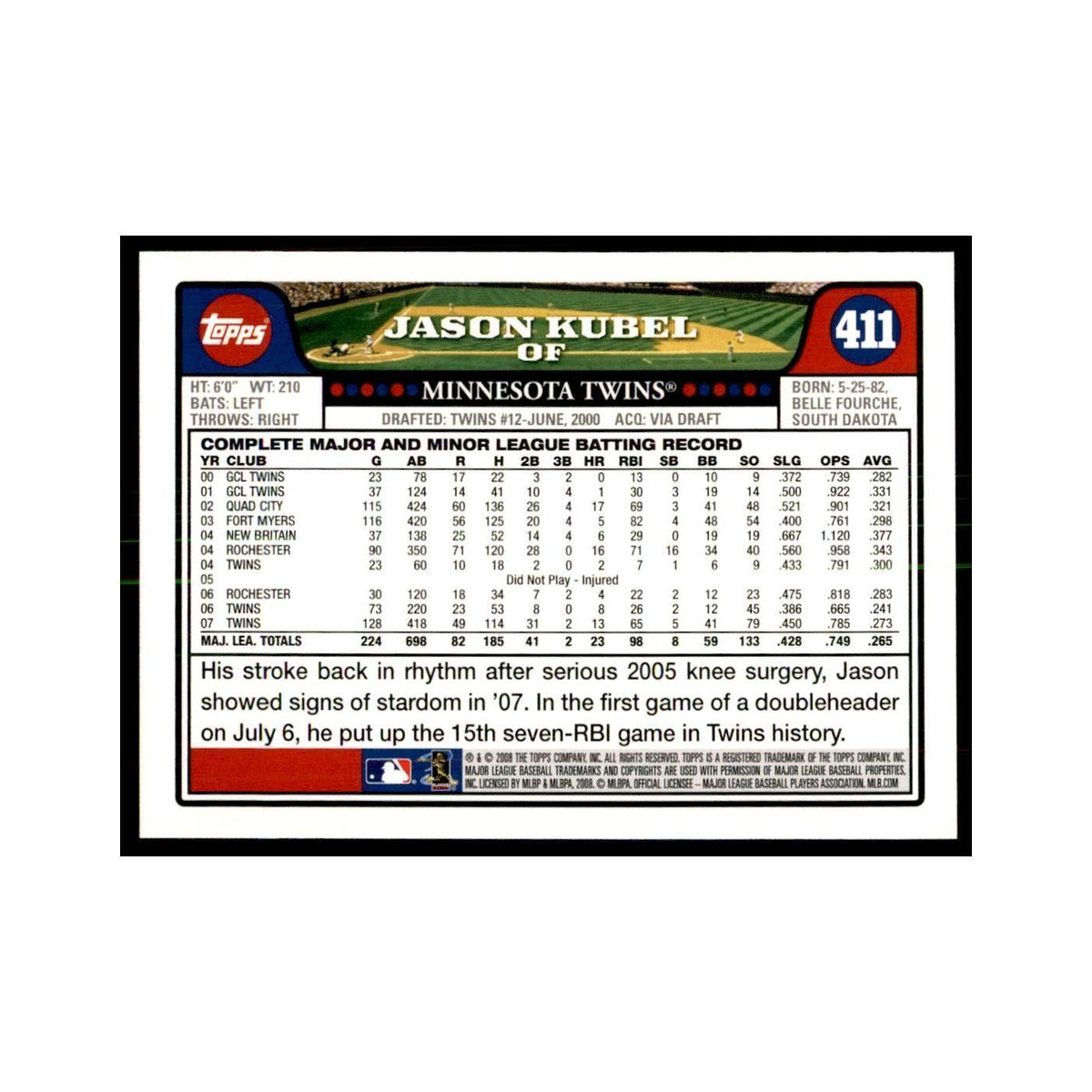 Jason Kubel 2008 Topps #411 Baseball Cards Baseball Card NM