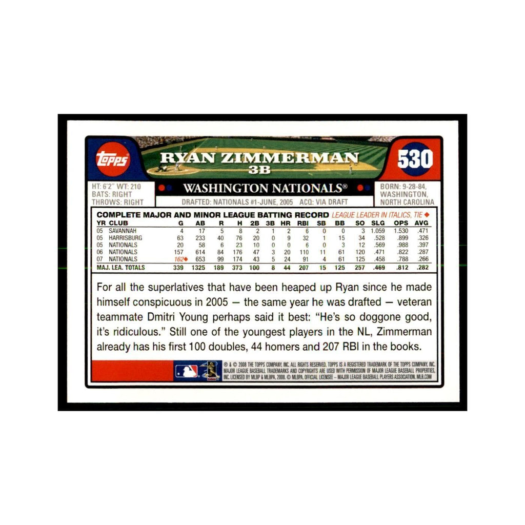 Ryan Zimmerman 2008 Topps #530 Baseball Cards Baseball Card NM