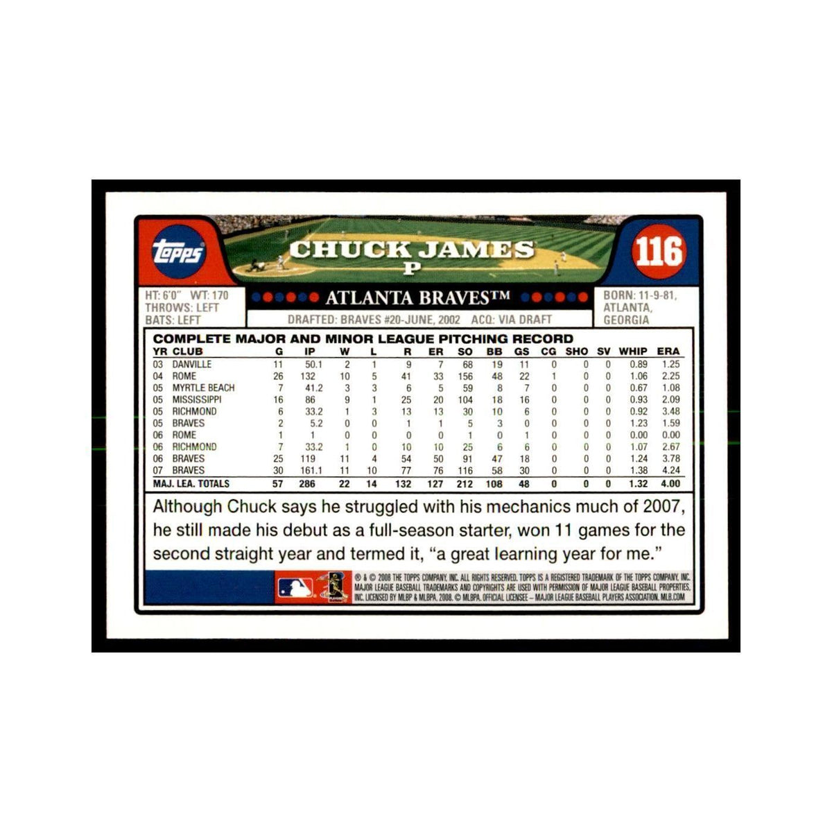 Chuck James 2008 Topps #116 Baseball Cards Baseball Card NM