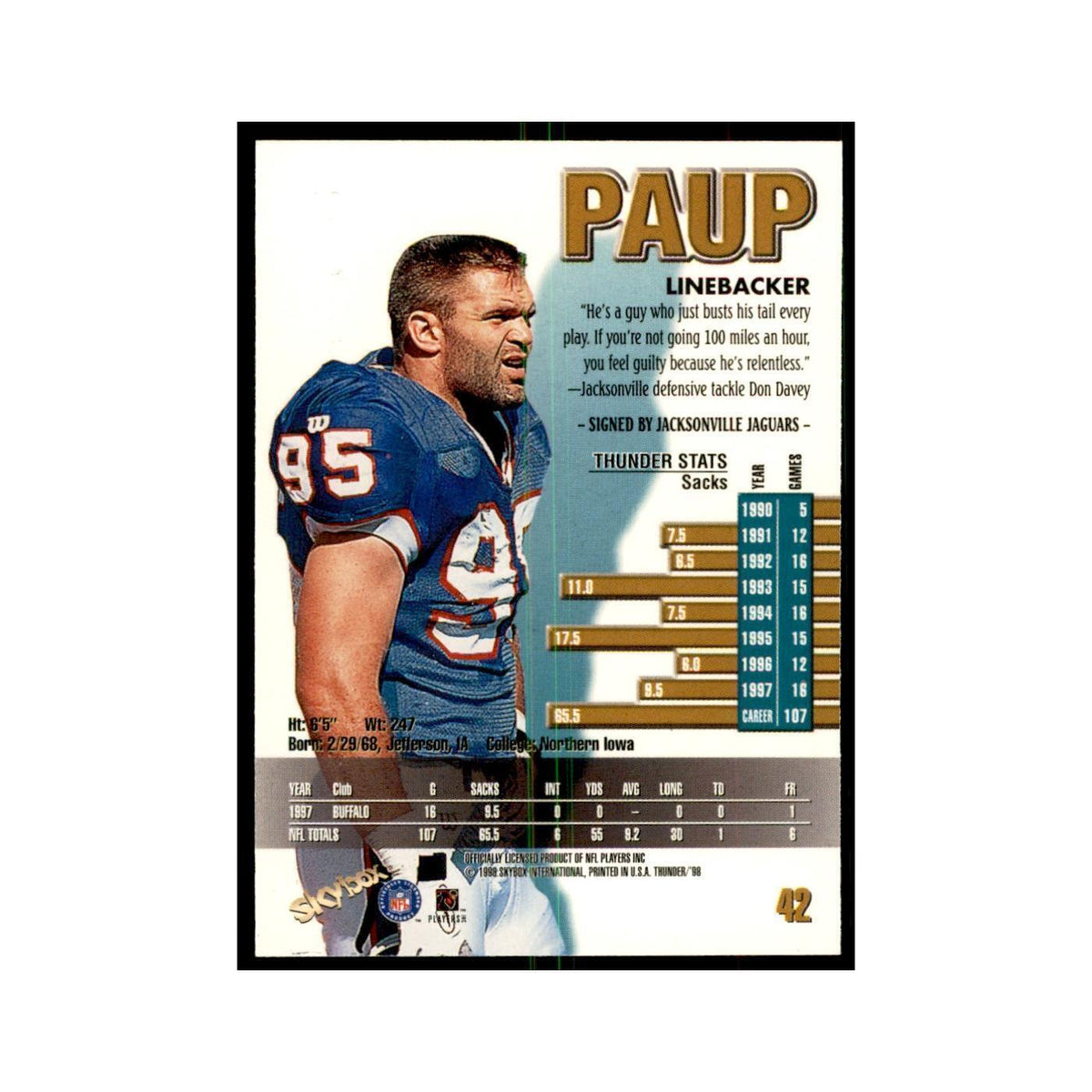 Bryce Paup 1998 SkyBox Thunder #42 Football Cards Football Card NM