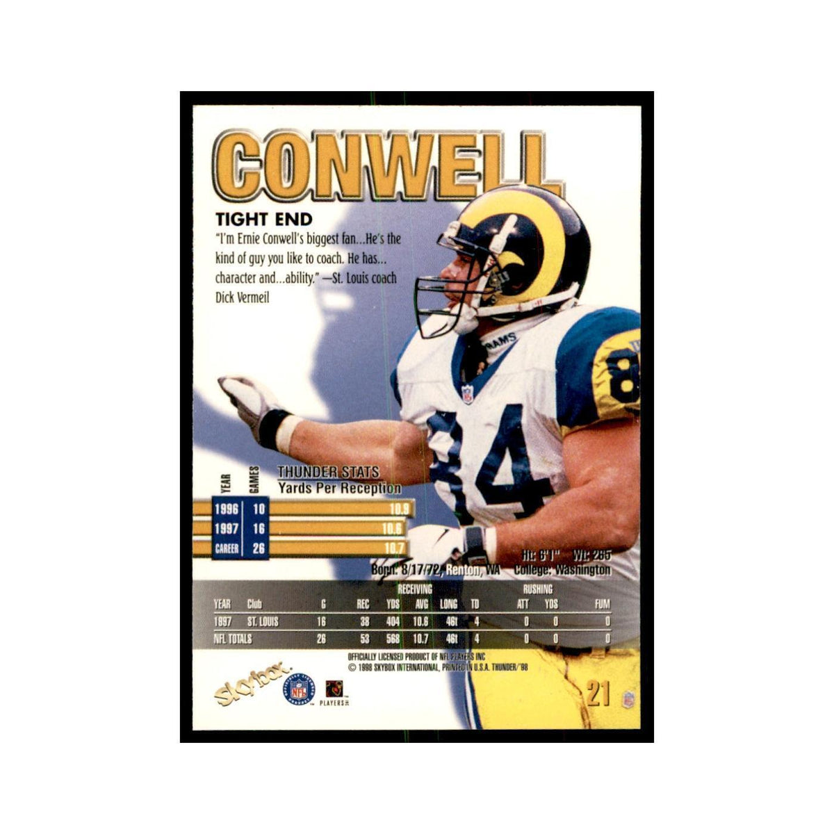 Ernie Conwell 1998 SkyBox Thunder #21 Football Cards Football Card NM