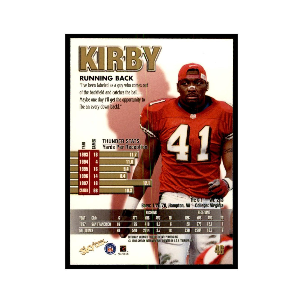 Terry Kirby 1998 SkyBox Thunder #48 Football Cards Football Card NM