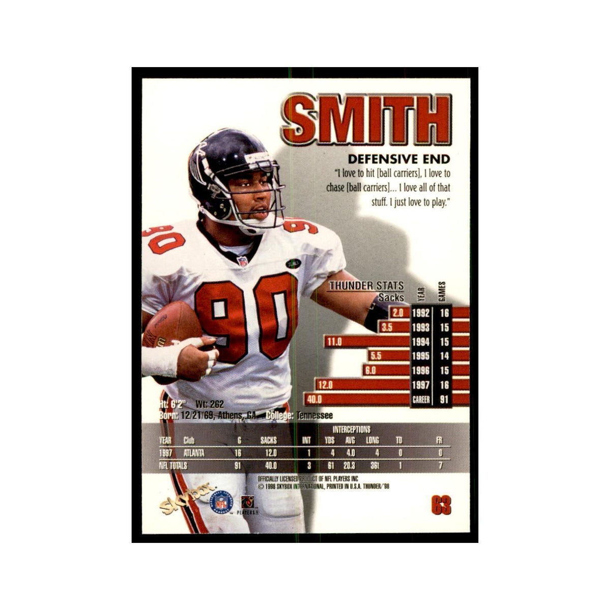 Chuck Smith 1998 SkyBox Thunder #63 Football Cards Football Card NM