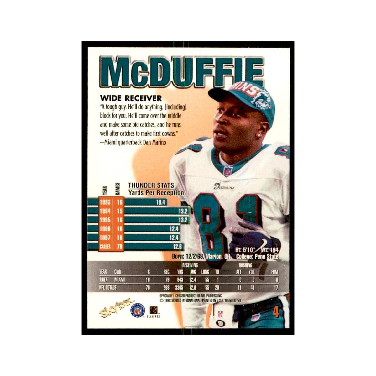 O.J. McDuffie 1998 SkyBox Thunder #4 Football Cards Football Card NM