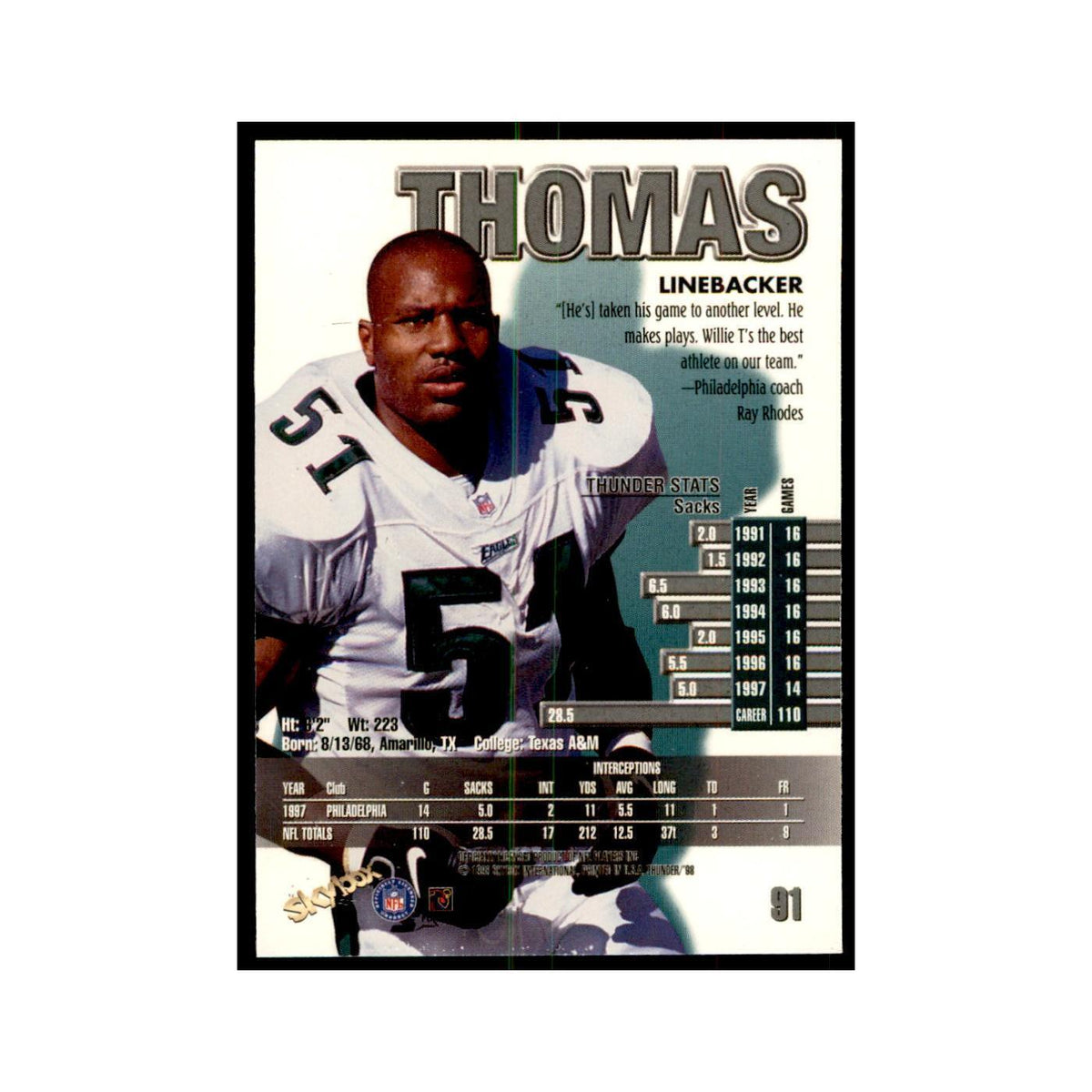 William Thomas 1998 SkyBox Thunder #91 Football Cards Football Card NM