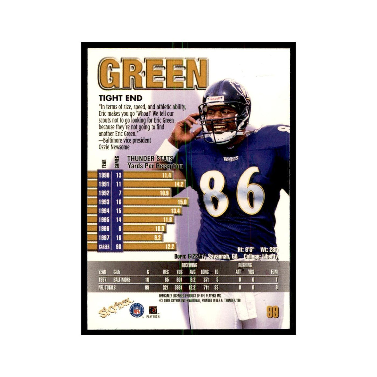 Eric Green 1998 SkyBox Thunder #99 Football Cards Football Card NM