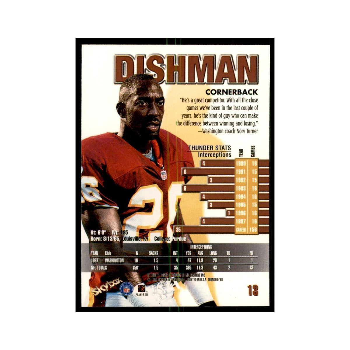 Cris Dishman 1998 SkyBox Thunder #13 Football Cards Football Card NM