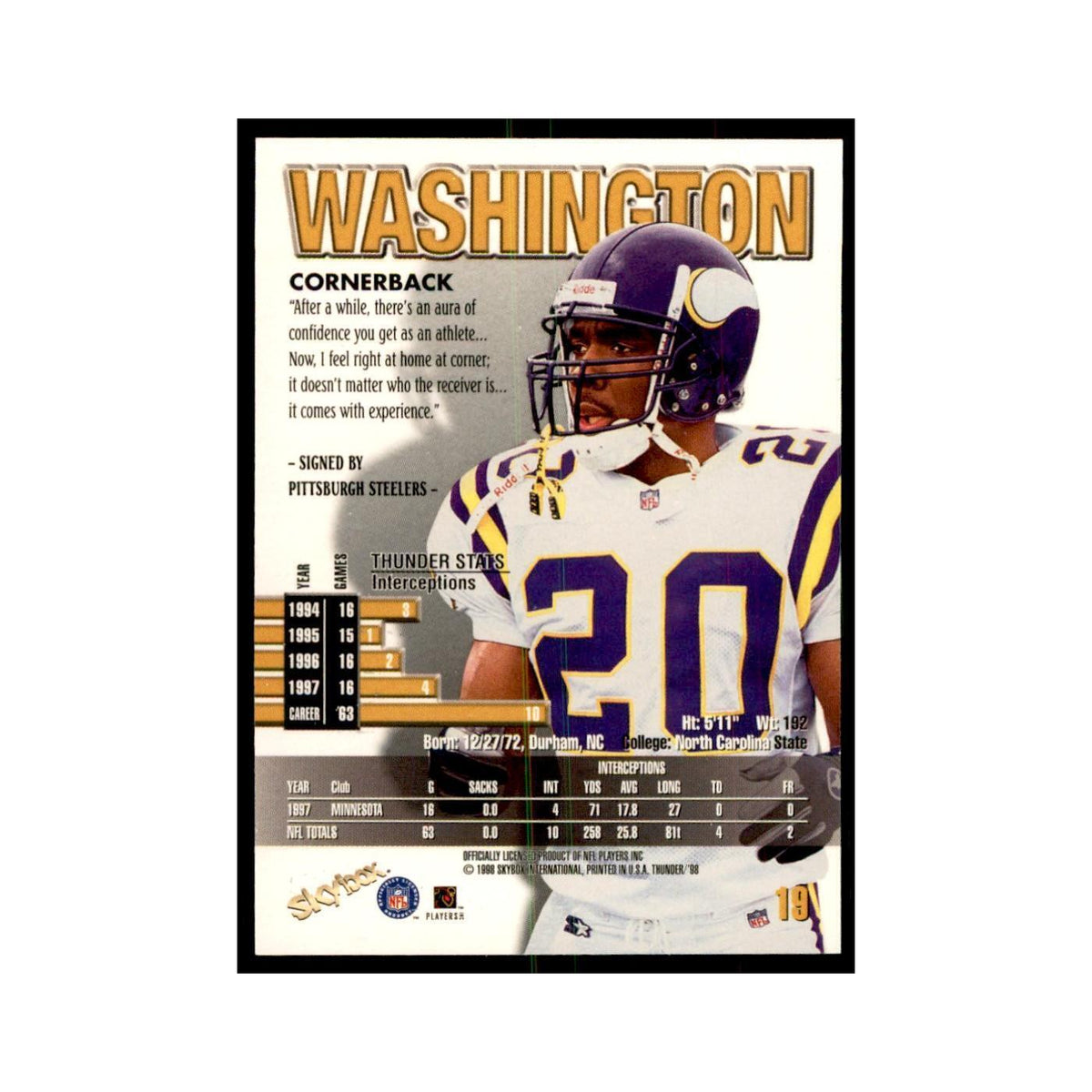 Dewayne Washington 1998 SkyBox Thunder #19 Football Cards Football Card NM