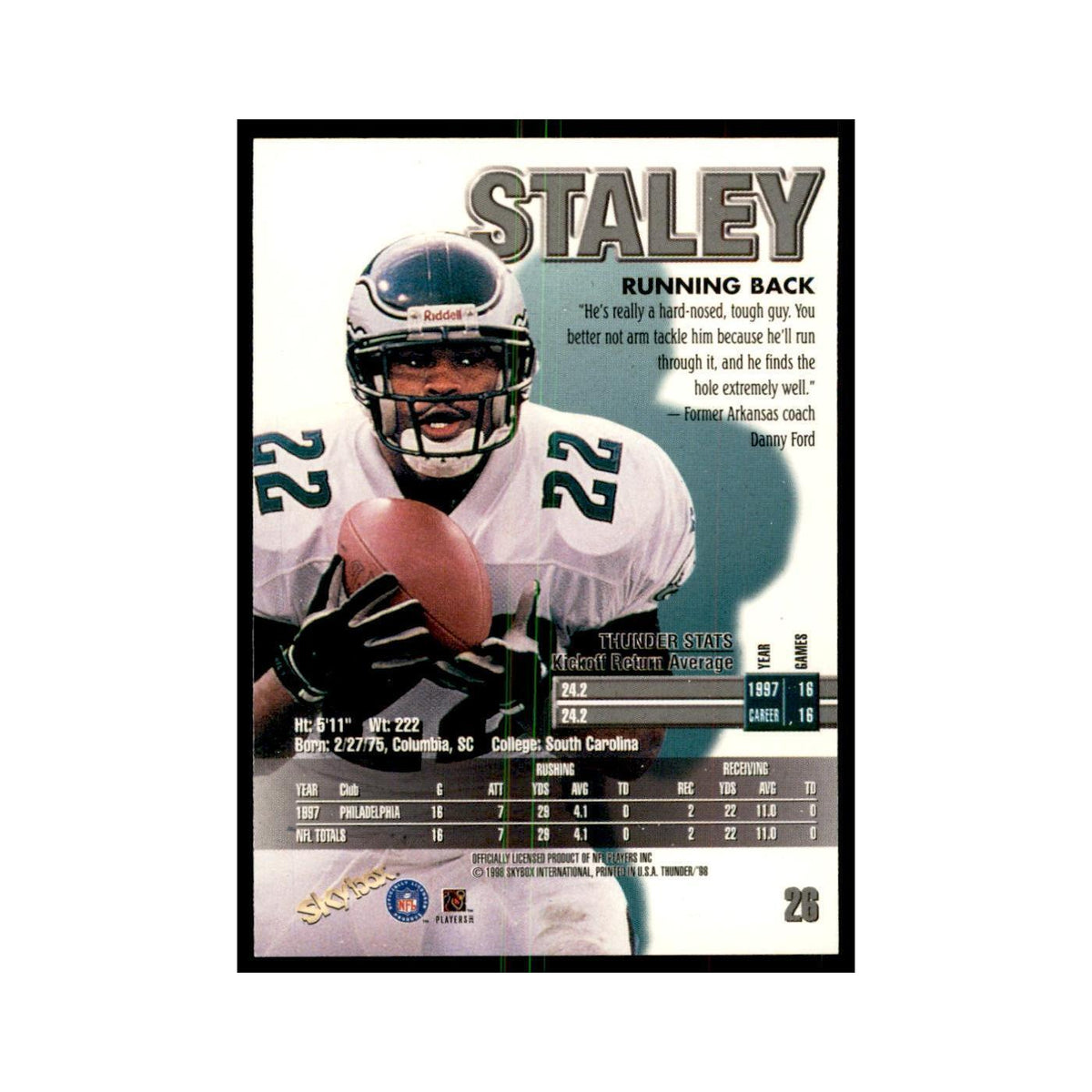 Duce Staley 1998 SkyBox Thunder #26 Football Cards Football Card NM