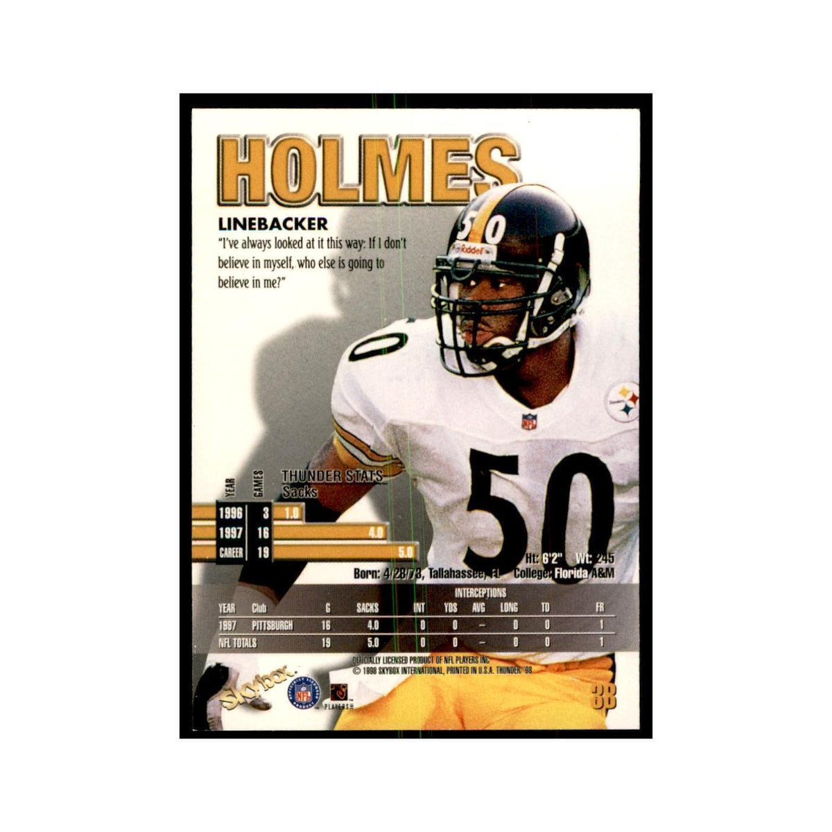 Earl Holmes 1998 SkyBox Thunder #38 Football Cards Football Card NM