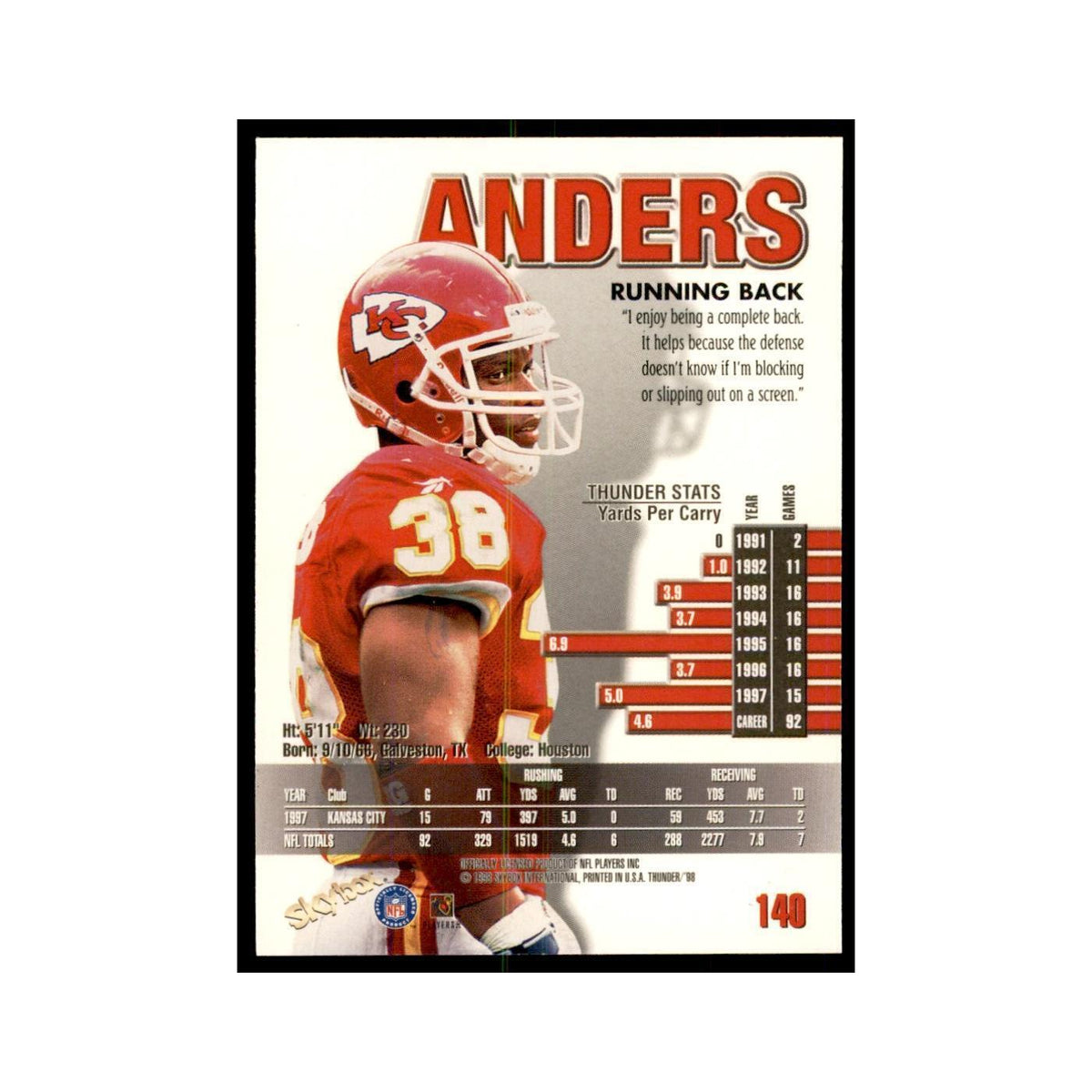 Kimble Anders 1998 SkyBox Thunder #140 Football Cards Football Card NM