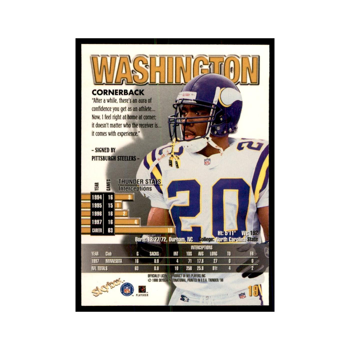 Dewayne Washington 1998 SkyBox Thunder #19 Football Cards Football Card NM