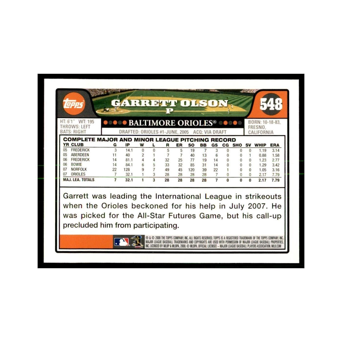 Garrett Olson 2008 Topps #548 Baseball Cards Baseball Card NM