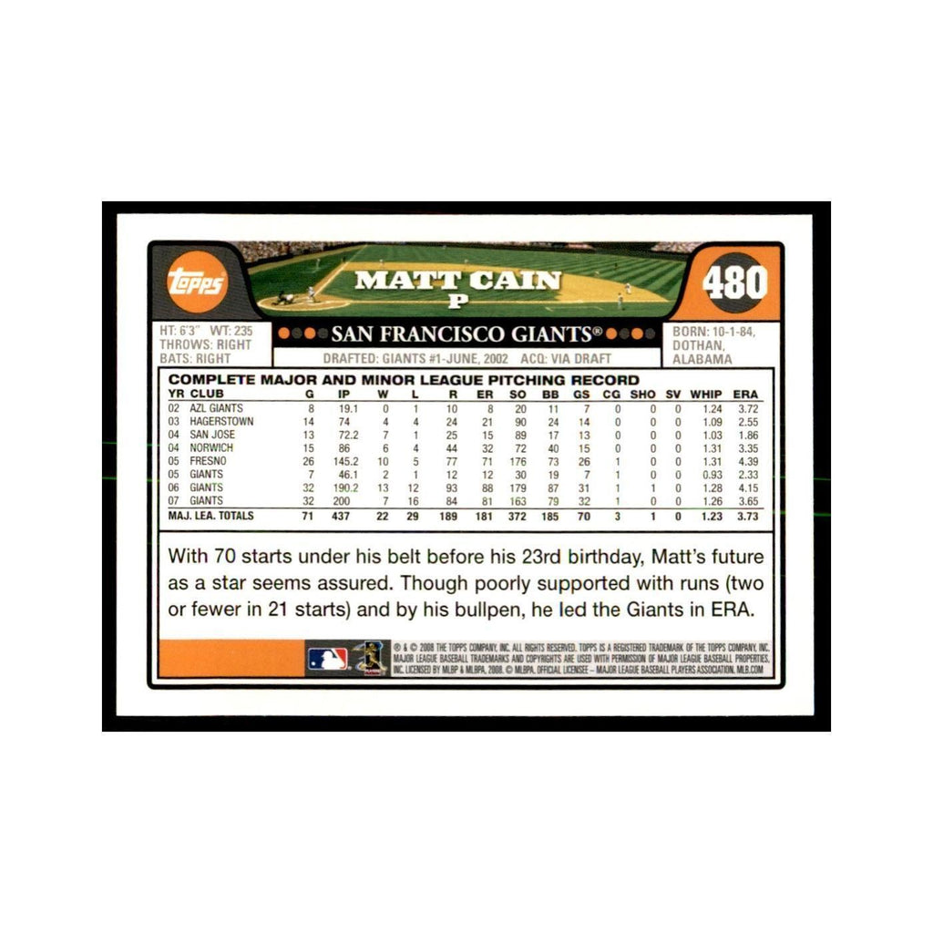 Matt Cain 2008 Topps #480 Baseball Cards Baseball Card NM