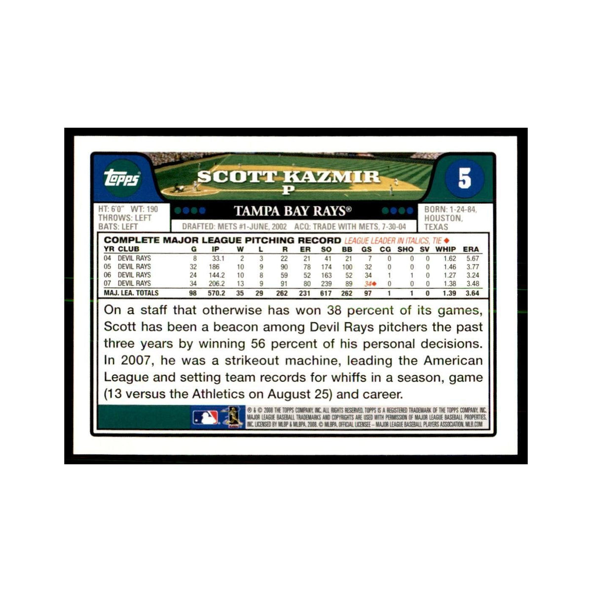 Scott Kazmir 2008 Topps #5 Baseball Cards Baseball Card NM