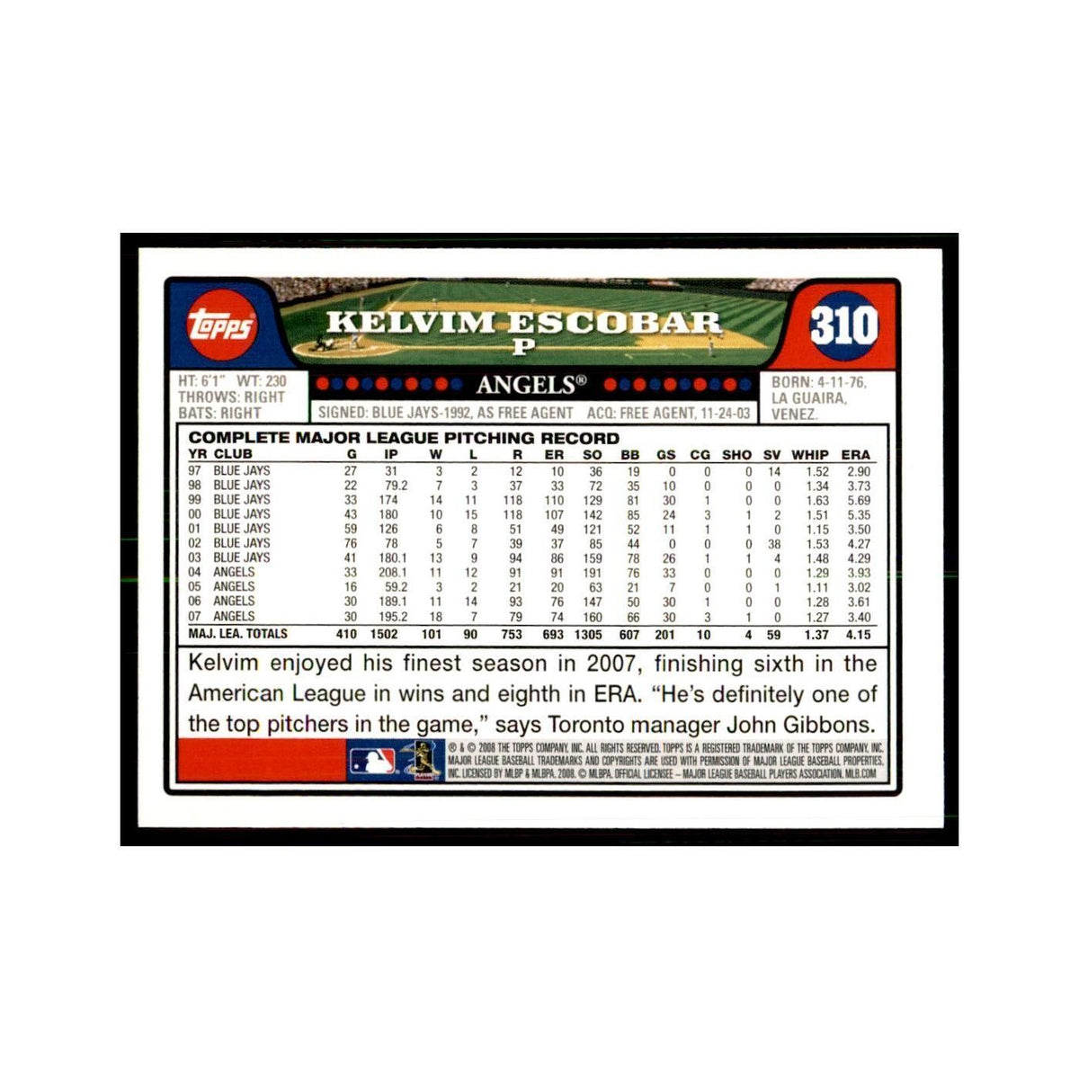 Kelvim Escobar 2008 Topps #310 Baseball Cards Baseball Card NM