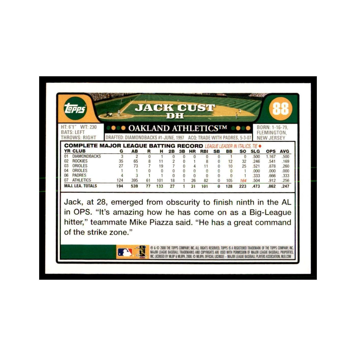 Jack Cust 2008 Topps #88 Baseball Cards Baseball Card NM