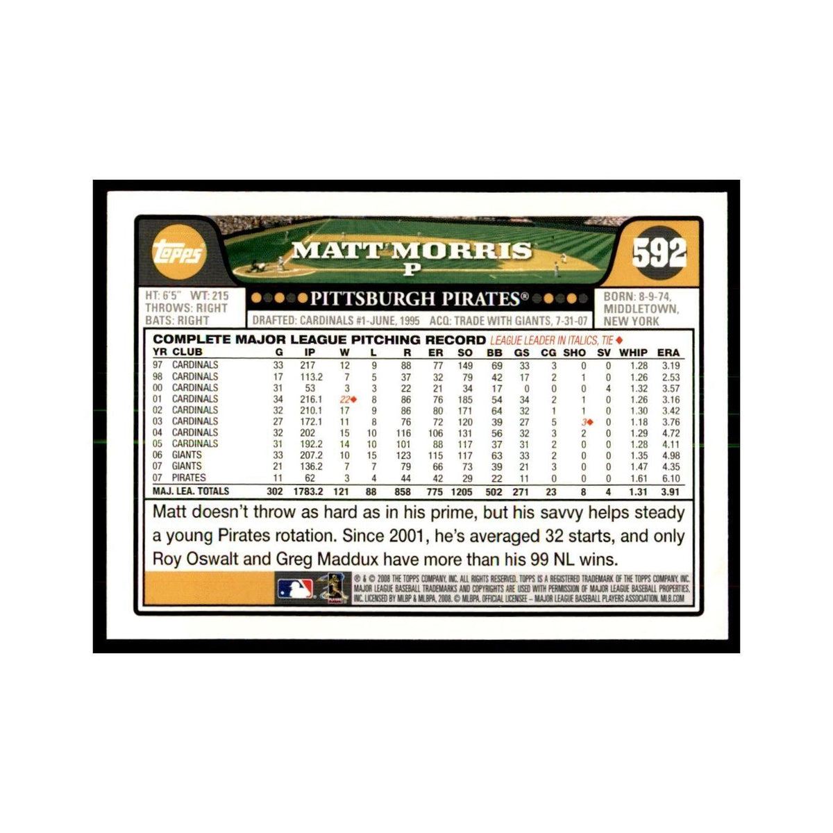 Matt Morris 2008 Topps #592 Baseball Cards Baseball Card NM