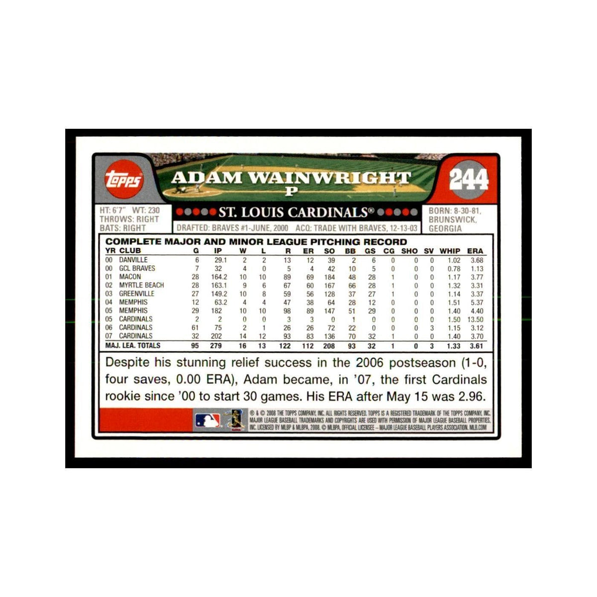 Adam Wainwright 2008 Topps #244 Baseball Cards Baseball Card NM