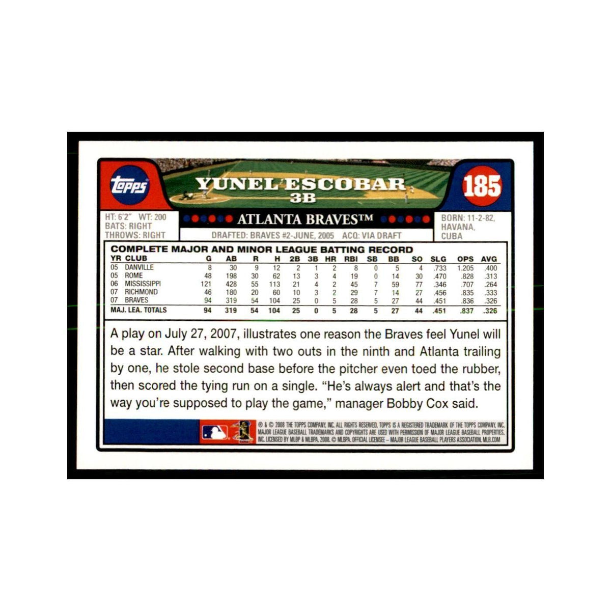 Yunel Escobar 2008 Topps #185 Baseball Cards Baseball Card NM
