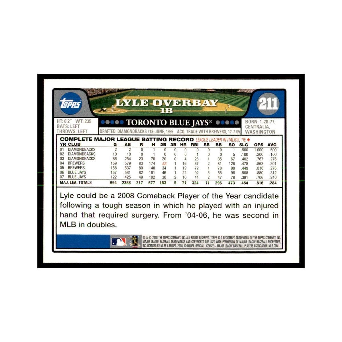 Lyle Overbay 2008 Topps #211 Baseball Cards Baseball Card NM