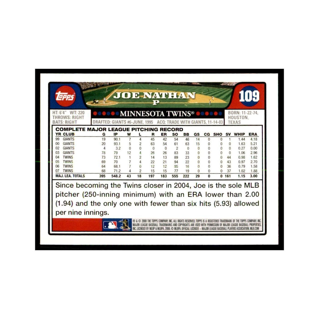 Joe Nathan 2008 Topps #109 Baseball Cards Baseball Card NM