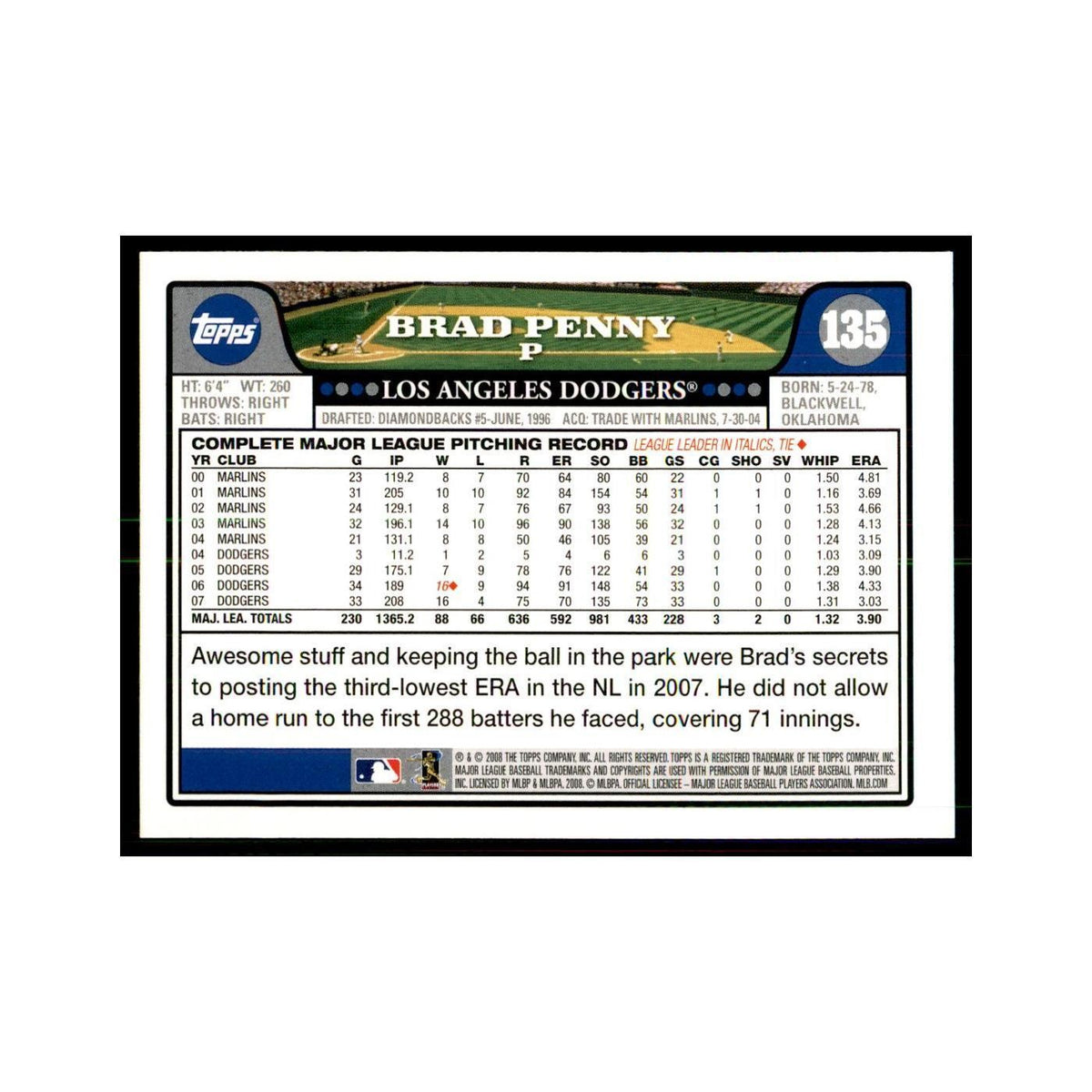 Brad Penny 2008 Topps #135 Baseball Cards Baseball Card NM