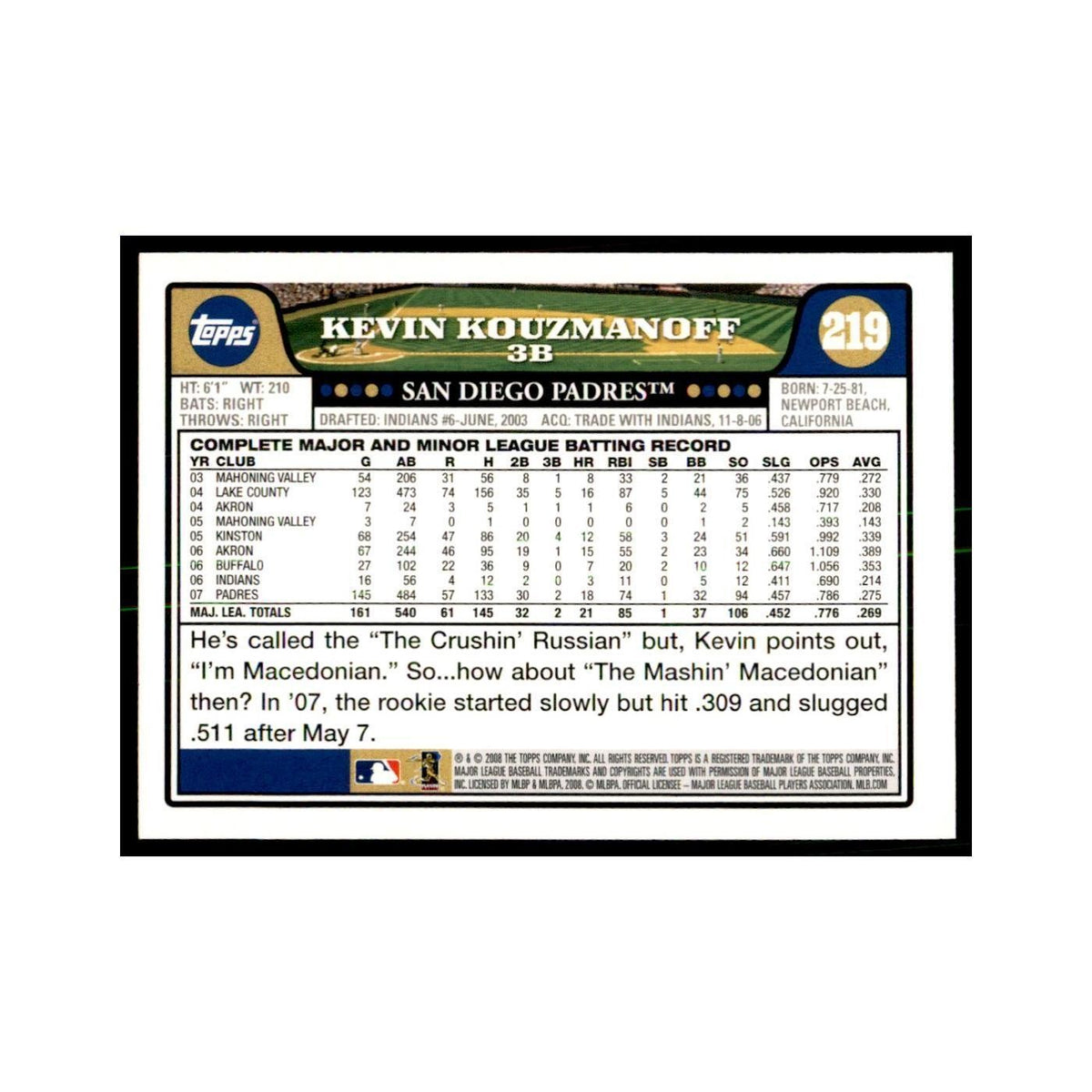 Kevin Kouzmanoff 2008 Topps #219 Baseball Cards Baseball Card NM