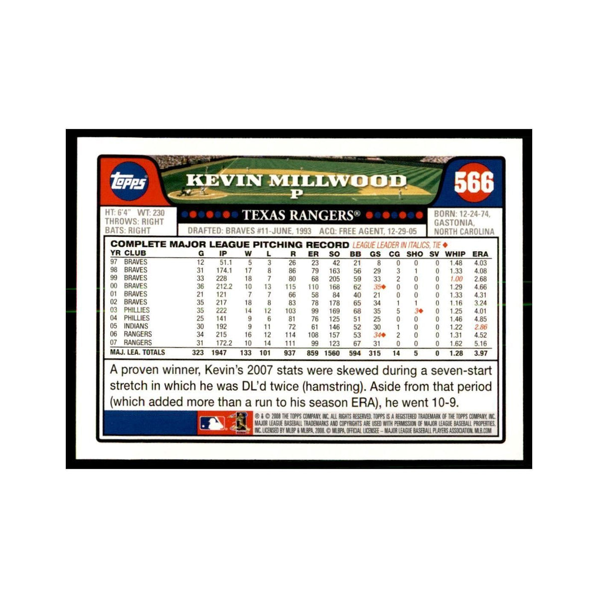 Kevin Millwood 2008 Topps #566 Baseball Cards Baseball Card NM