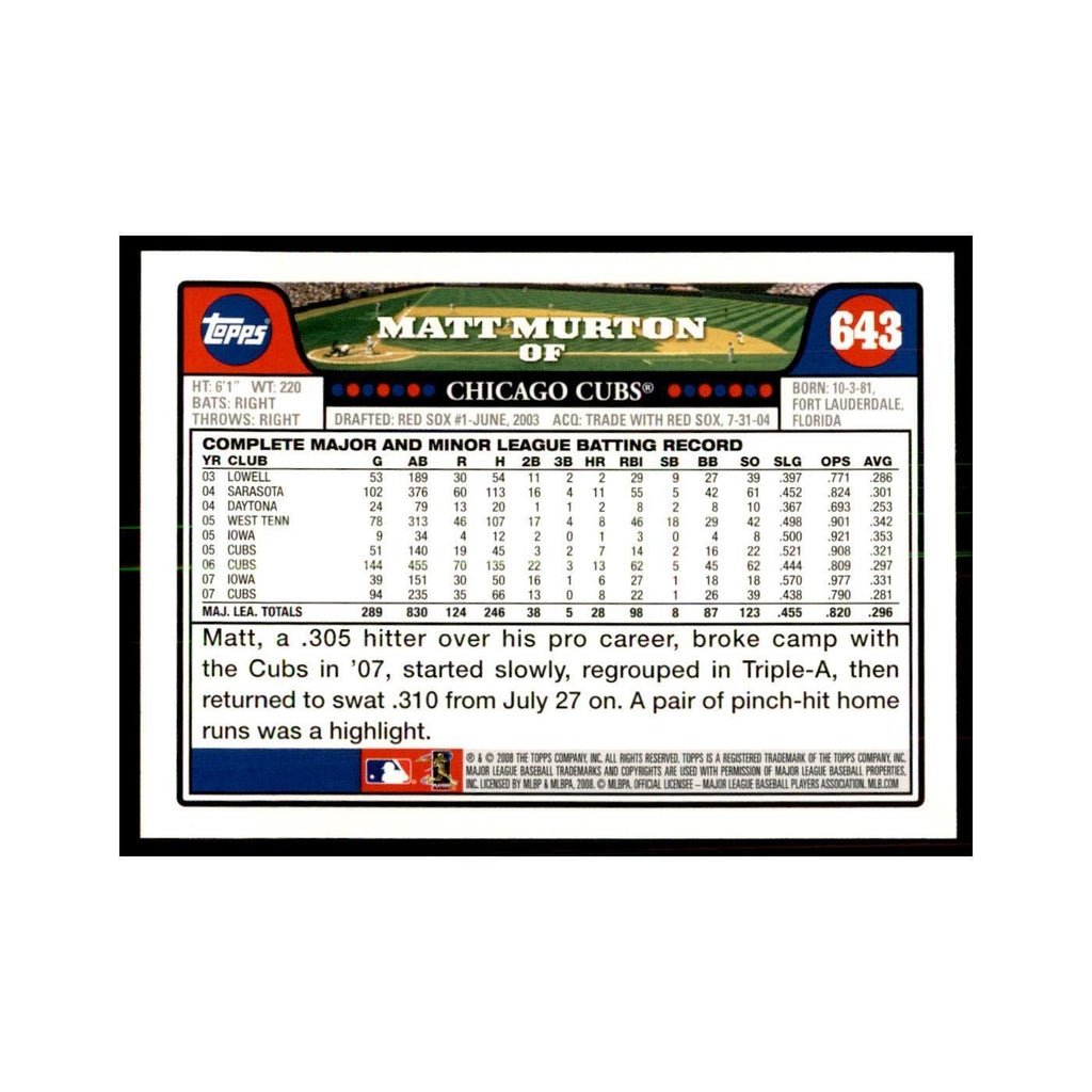Matt Murton 2008 Topps #643 Baseball Cards Baseball Card NM