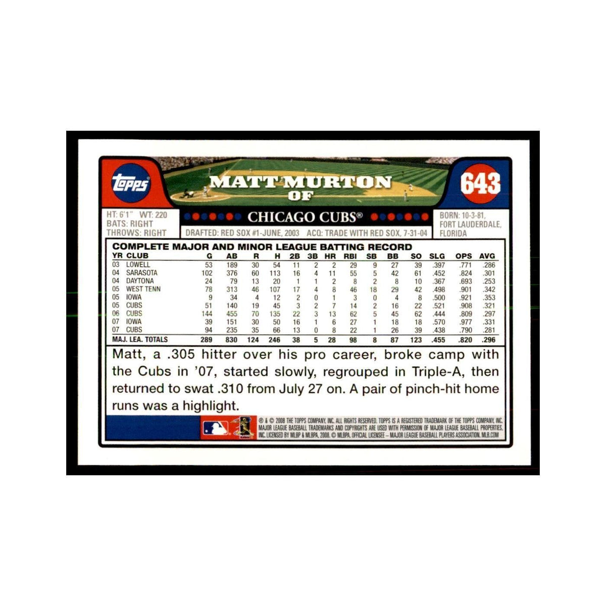 Matt Murton 2008 Topps #643 Baseball Cards Baseball Card NM