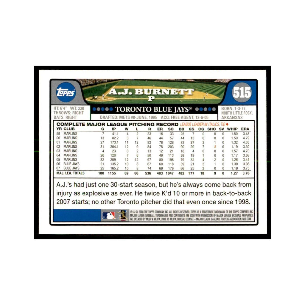 A.J. Burnett 2008 Topps #515 Baseball Cards Baseball Card NM