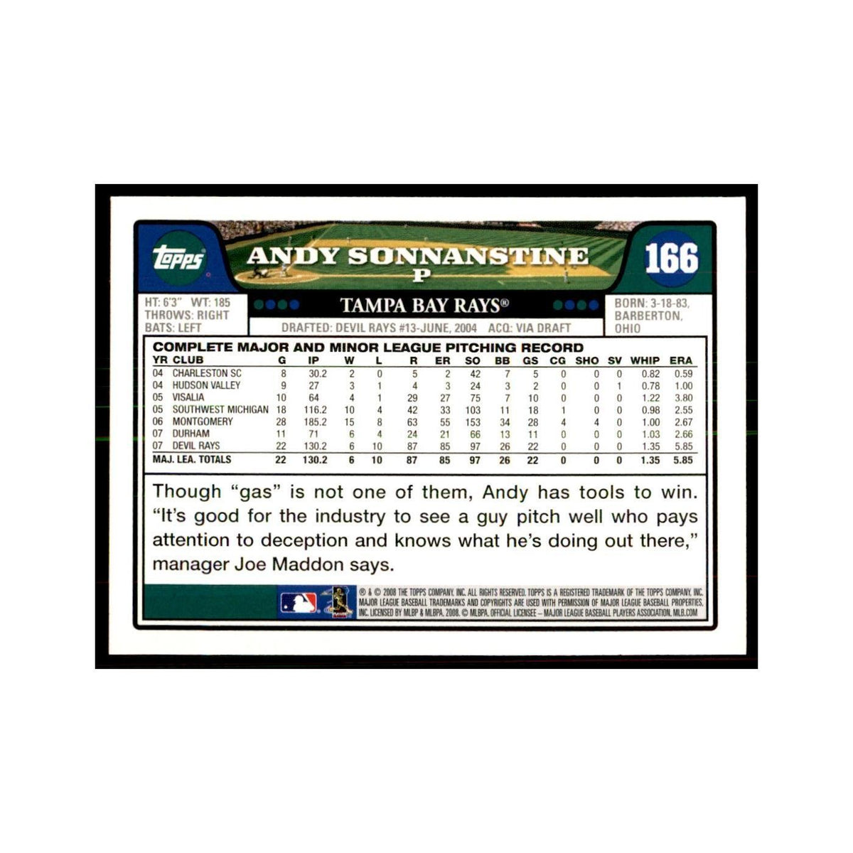 Andy Sonnanstine 2008 Topps #166 Baseball Cards Baseball Card NM
