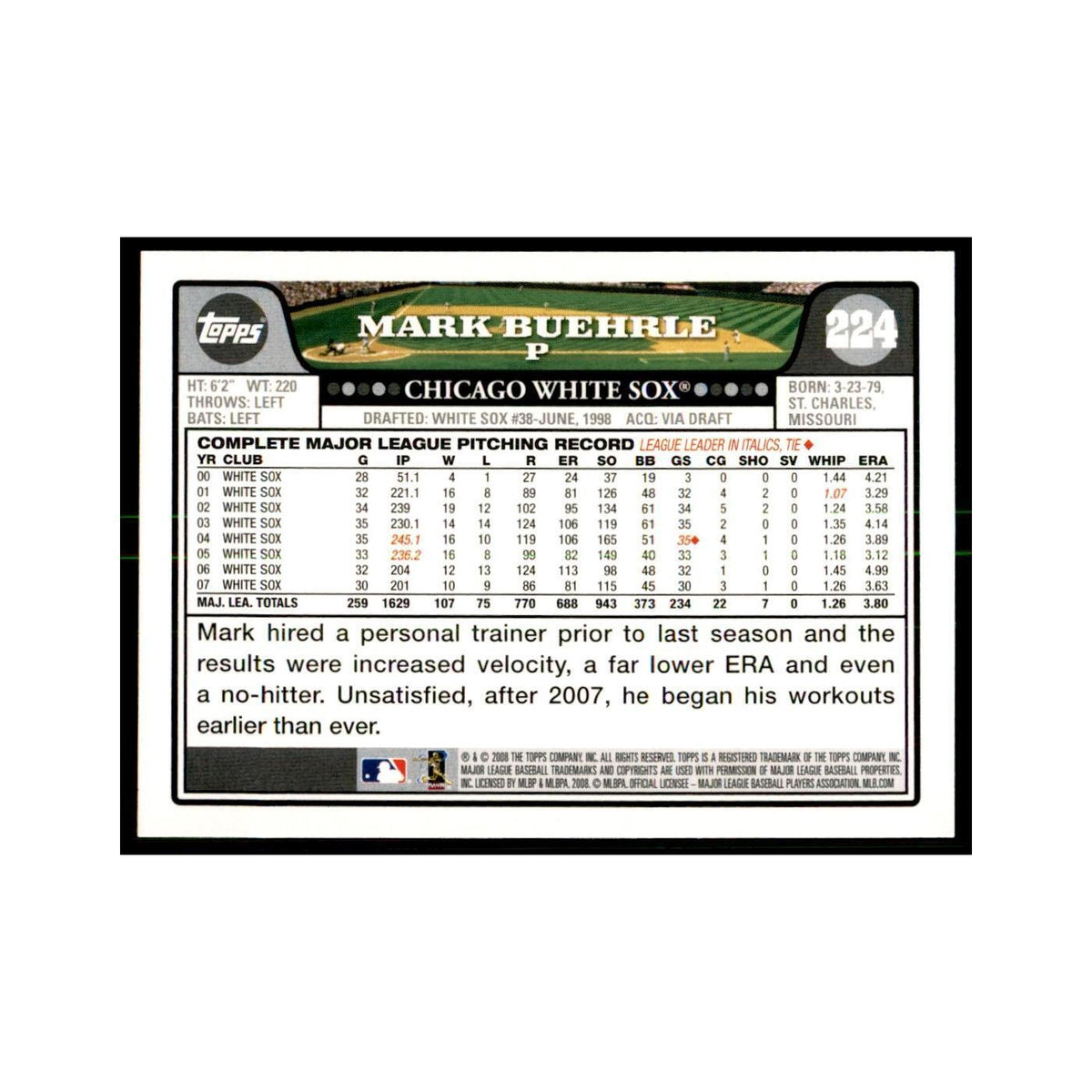Mark Buehrle 2008 Topps #224 Baseball Cards Baseball Card NM