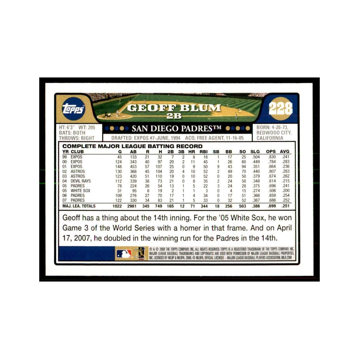 Geoff Blum 2008 Topps #228 Baseball Cards Baseball Card NM