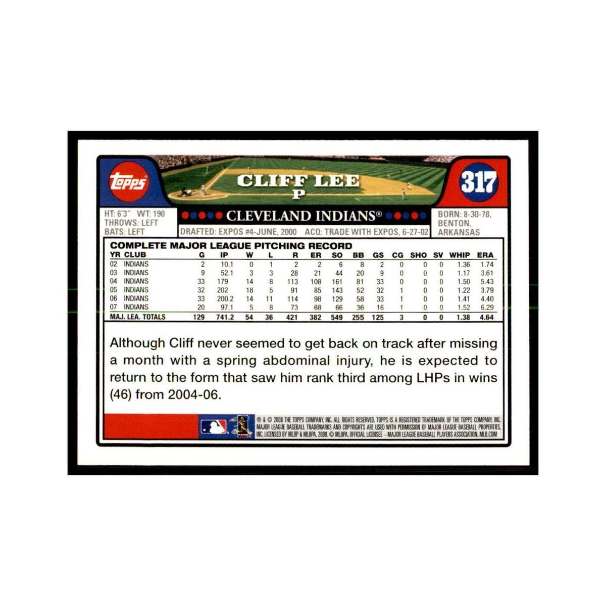 Cliff Lee 2008 Topps #317 Baseball Cards Baseball Card NM