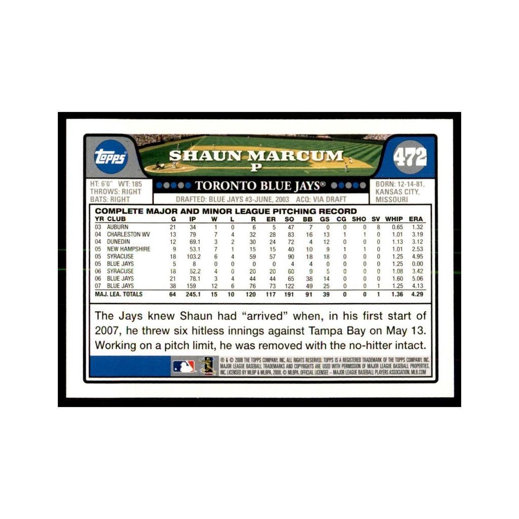 Shaun Marcum 2008 Topps #472 Baseball Cards Baseball Card NM