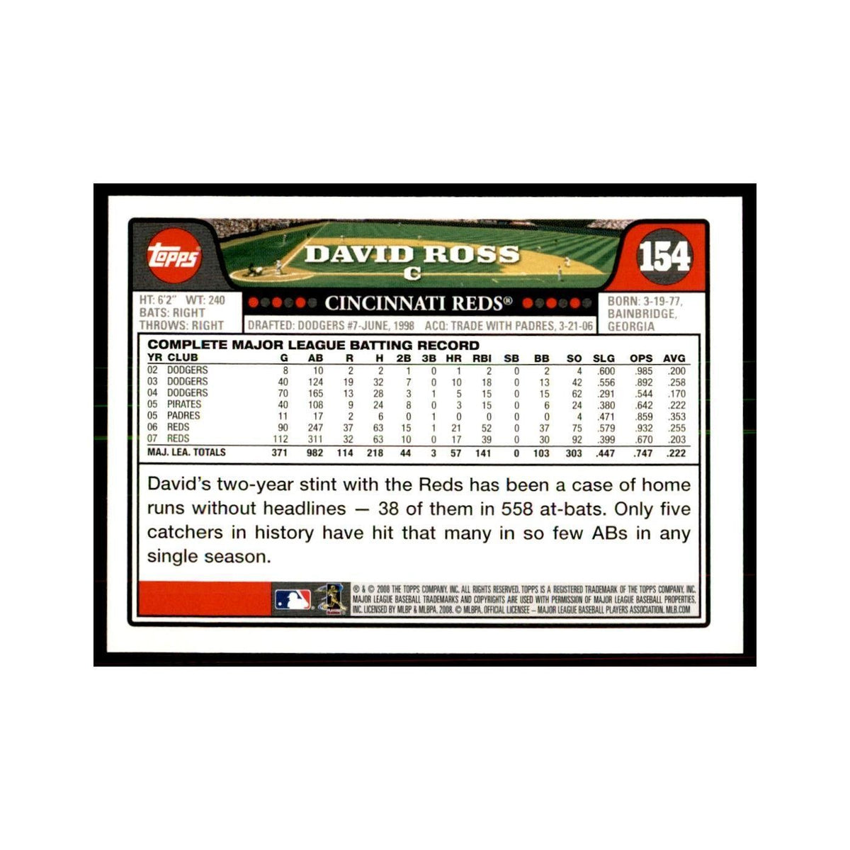 David Ross 2008 Topps #154 Baseball Cards Baseball Card NM