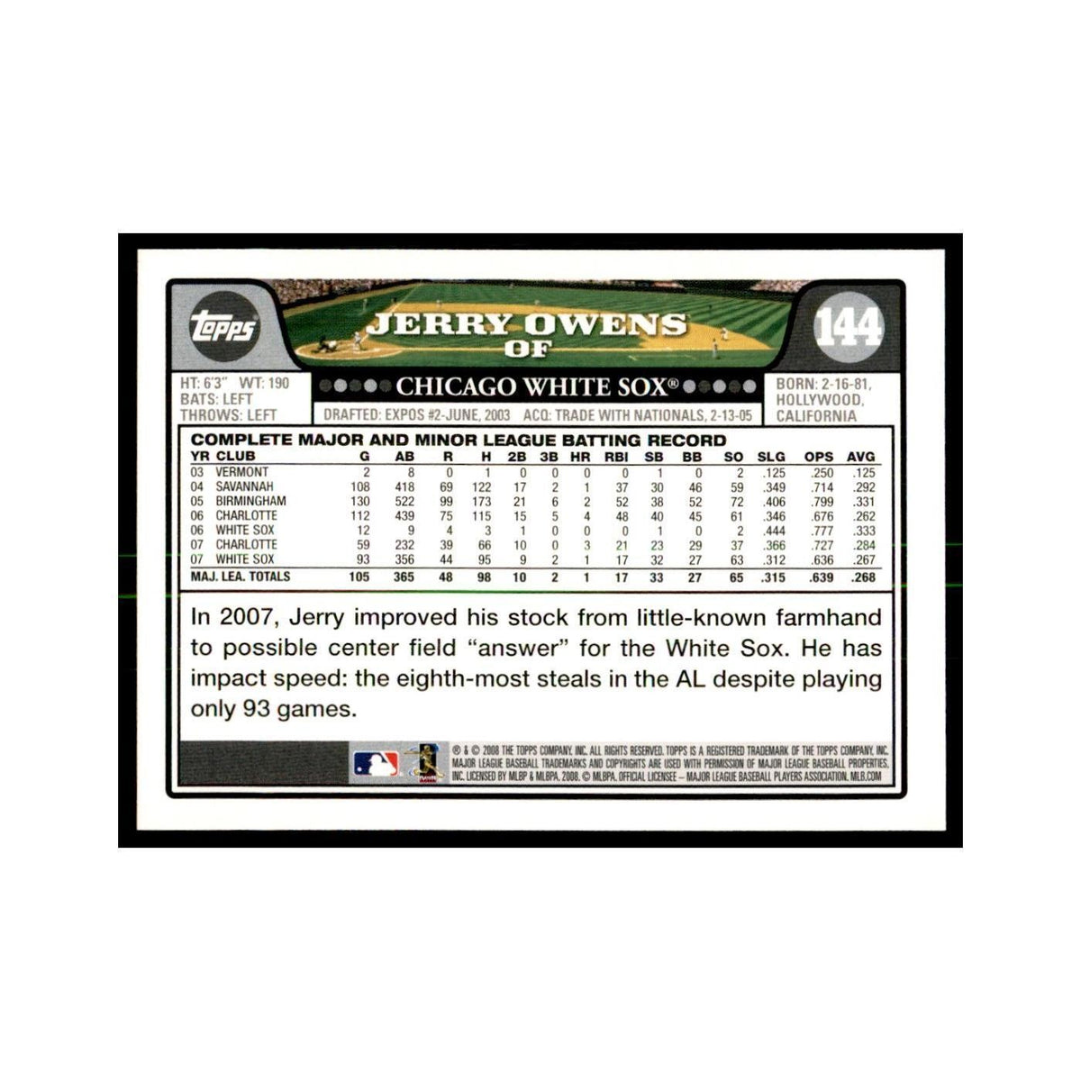 Jerry Owens 2008 Topps #144 Baseball Cards Baseball Card NM